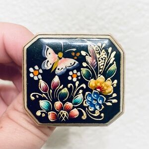Beautiful vintage hand painted wooden brooch flowers butterfly Costa Rica
